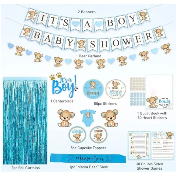 210 PC Teddy Bear Baby Shower Decorations supplies IT'S A BOY blue brown - Picture 4 of 9